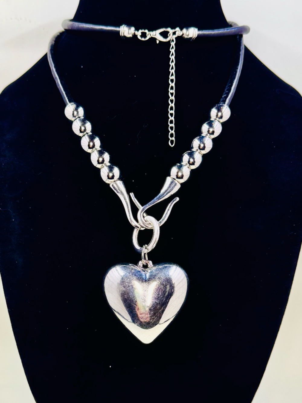 Silver Tone Chunky Puffed Heart Pendant Beaded Necklace Long 34” Cord